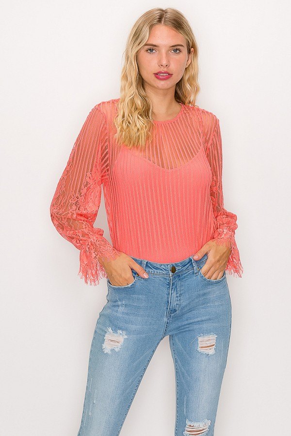 Lace Trim Shadow Stripe Bodysuit - Absolute Fashion 2020