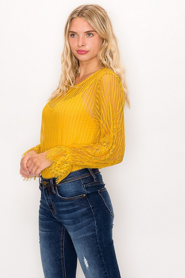 Lace Trim Shadow Stripe Bodysuit - Absolute Fashion 2020