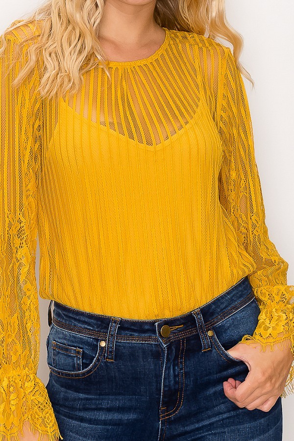 Lace Trim Shadow Stripe Bodysuit - Absolute Fashion 2020