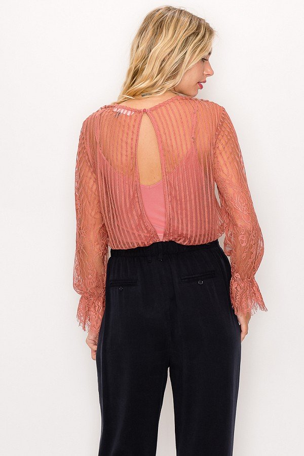 Lace Trim Shadow Stripe Bodysuit - Absolute Fashion 2020