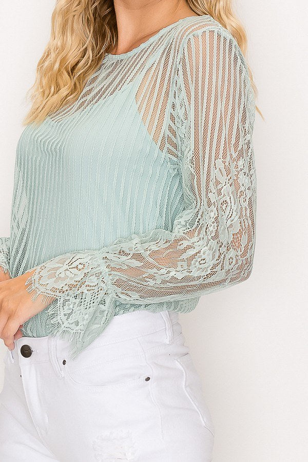 Lace Trim Shadow Stripe Bodysuit - Absolute Fashion 2020