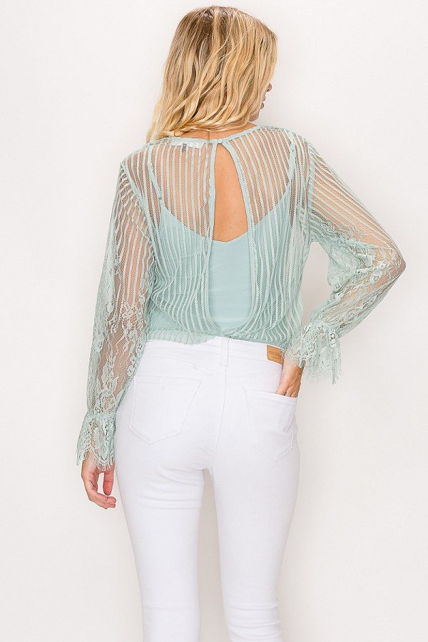 Lace Trim Shadow Stripe Bodysuit - Absolute Fashion 2020