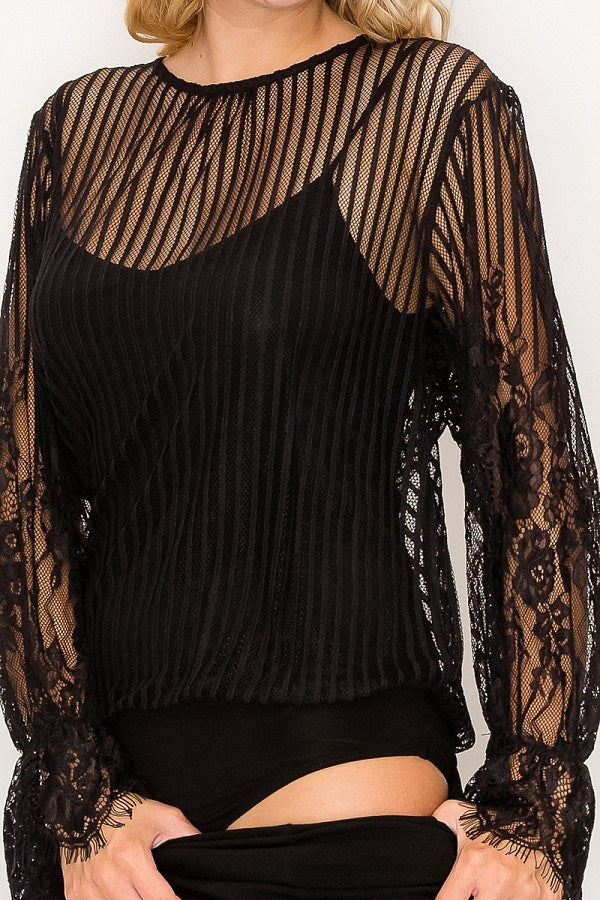 Lace Trim Shadow Stripe Bodysuit - Absolute Fashion 2020