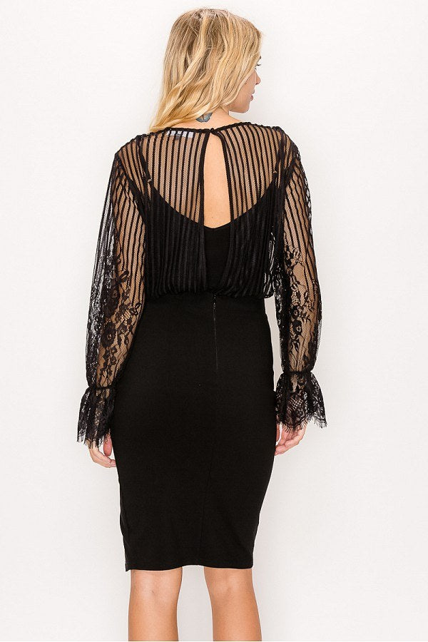 Lace Trim Shadow Stripe Bodysuit - Absolute Fashion 2020