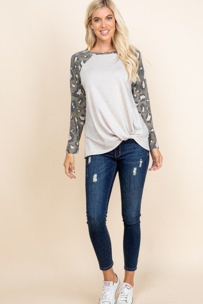 Casual French Terry Side Twist Top With Animal Print Long Sleeves - Absolute Fashion 2020