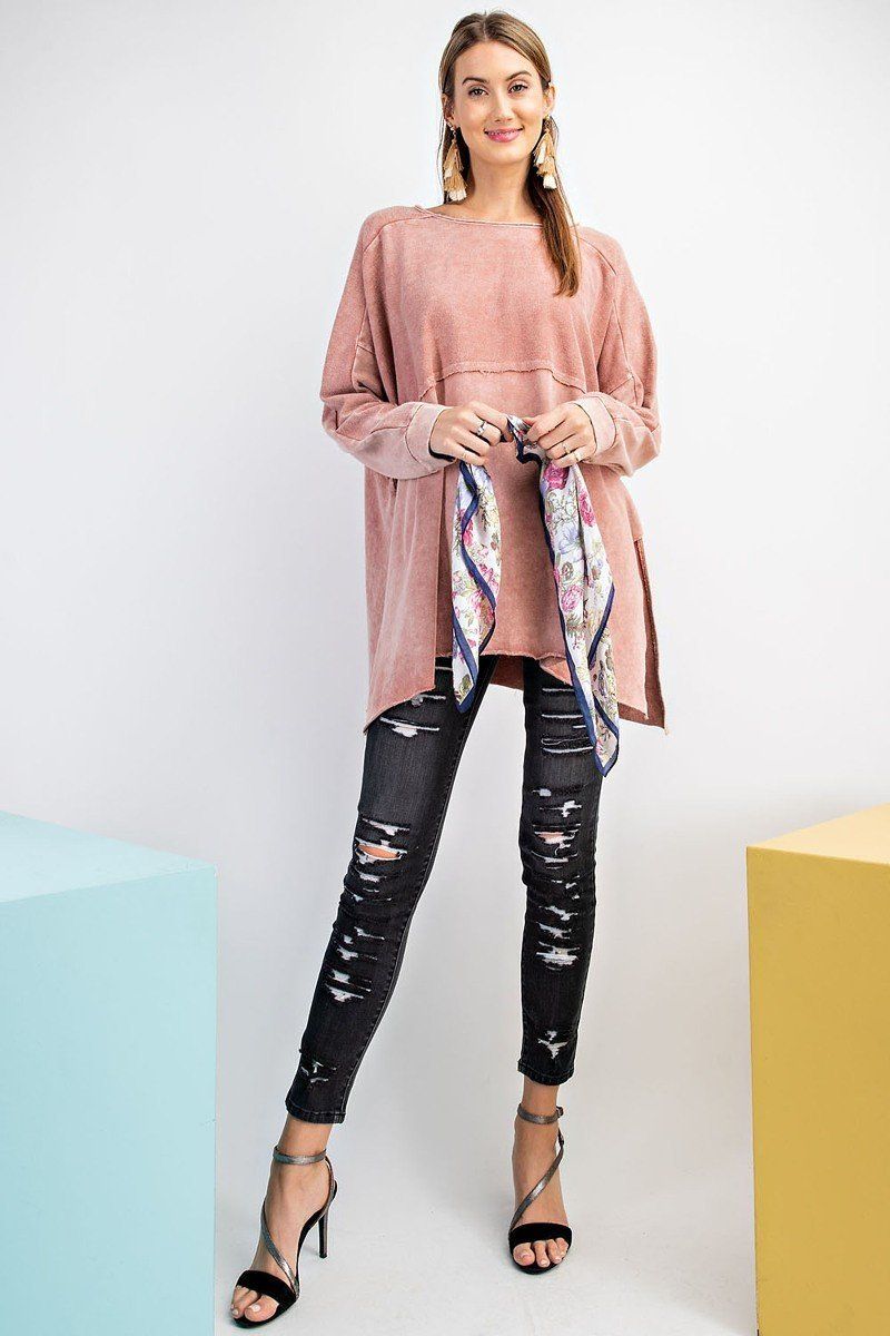 Terry Knit Upside Down Detailing Side Slits Pullover Tunic - Absolute Fashion 2020