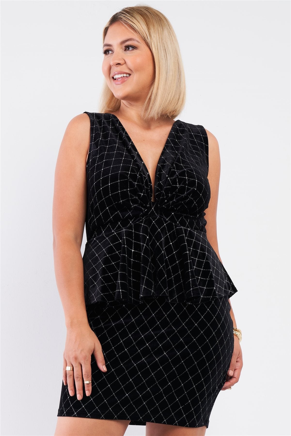 Quilted Glitter Print Sleeveless Bow Gathered Plunging V-neck Flare Hem Fitted Mini Dress - Absolute Fashion 2020