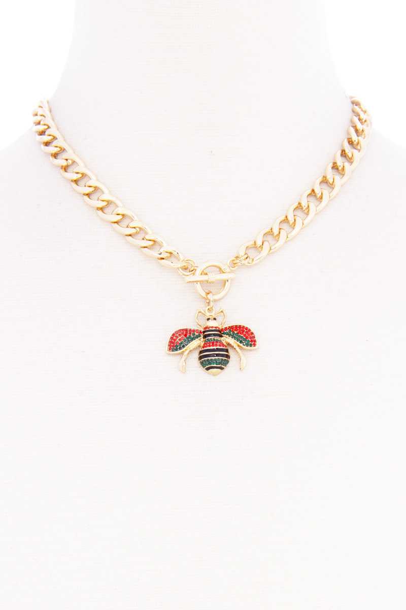Rhinestone Bee Pendant Toggle Clasp Necklace - Absolute Fashion 2020