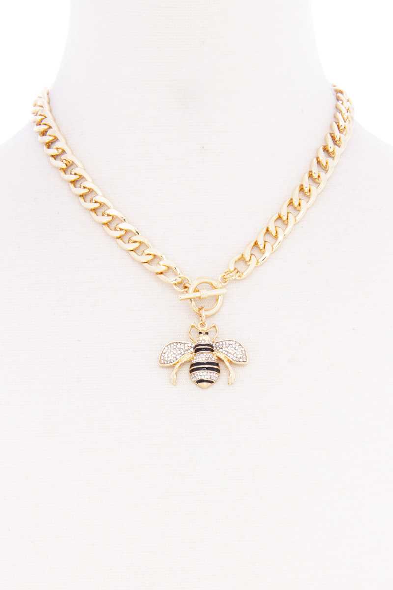 Rhinestone Bee Pendant Toggle Clasp Necklace - Absolute Fashion 2020