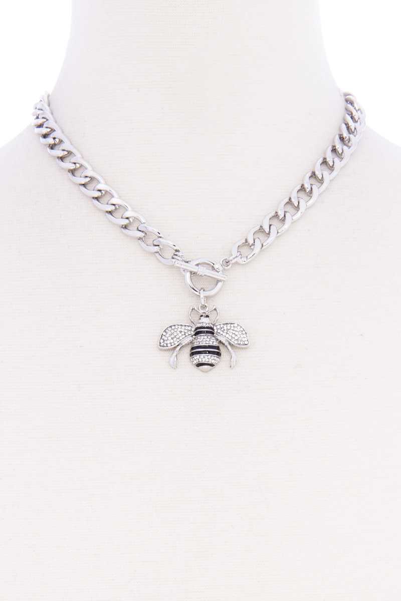 Rhinestone Bee Pendant Toggle Clasp Necklace - Absolute Fashion 2020