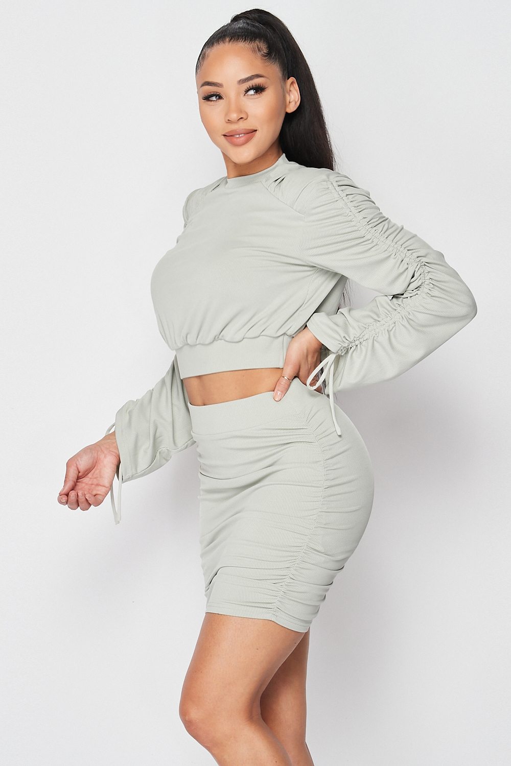 Ruched Long Sleeve And Skirt Set - Absolute Fashion 2020