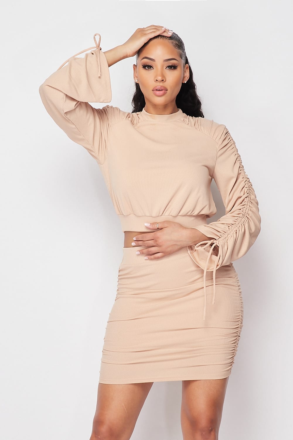 Ruched Long Sleeve And Skirt Set - Absolute Fashion 2020