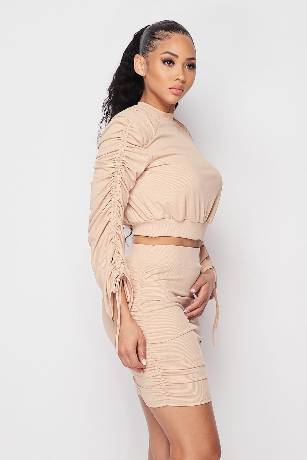 Ruched Long Sleeve And Skirt Set - Absolute Fashion 2020