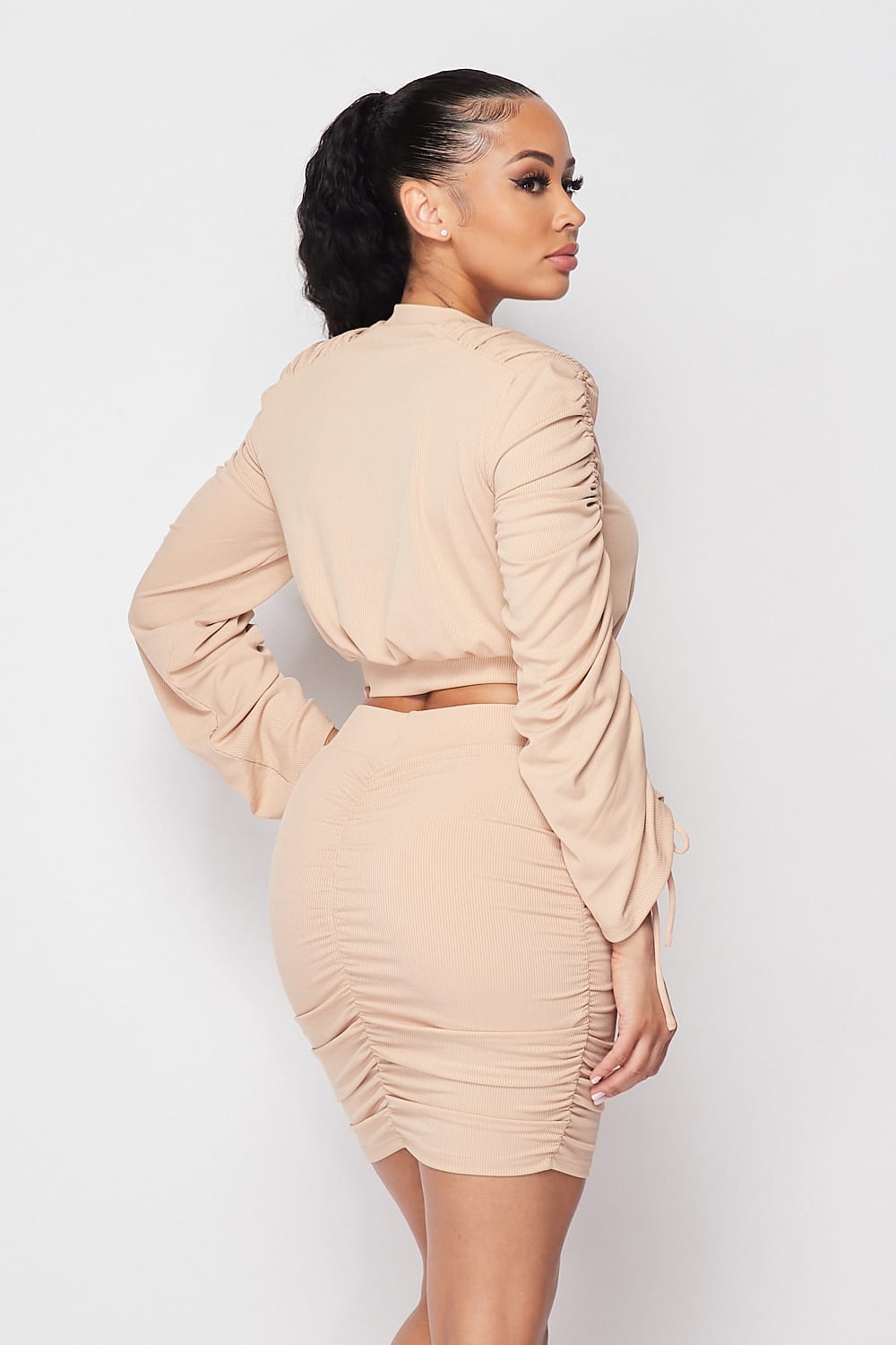 Ruched Long Sleeve And Skirt Set - Absolute Fashion 2020