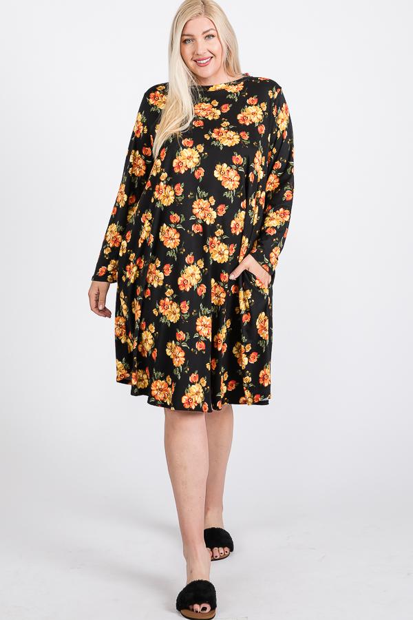 Floral Mock Neck Hidden Pocket Round Hem Midi Dress - Absolute Fashion 2020
