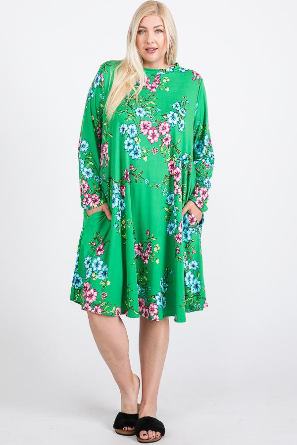 Floral Mock Neck Hidden Pocket Round Hem Midi Dress - Absolute Fashion 2020