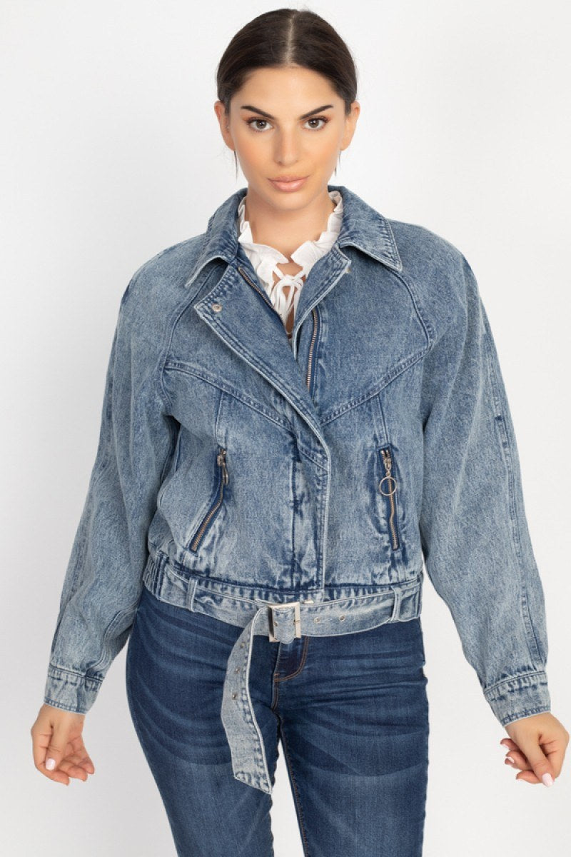 Ribbed Hem Belted Denim Jacket - Absolute Fashion 2020