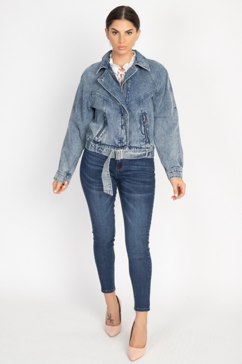 Ribbed Hem Belted Denim Jacket - Absolute Fashion 2020