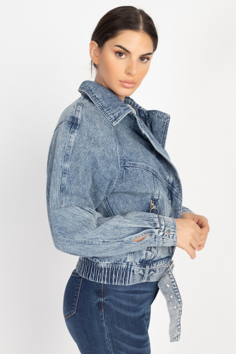 Ribbed Hem Belted Denim Jacket - Absolute Fashion 2020