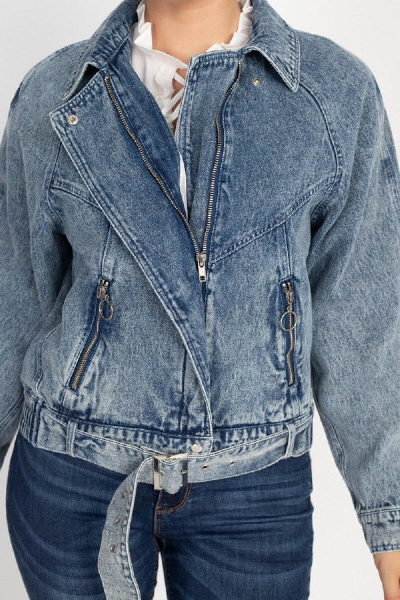 Ribbed Hem Belted Denim Jacket - Absolute Fashion 2020
