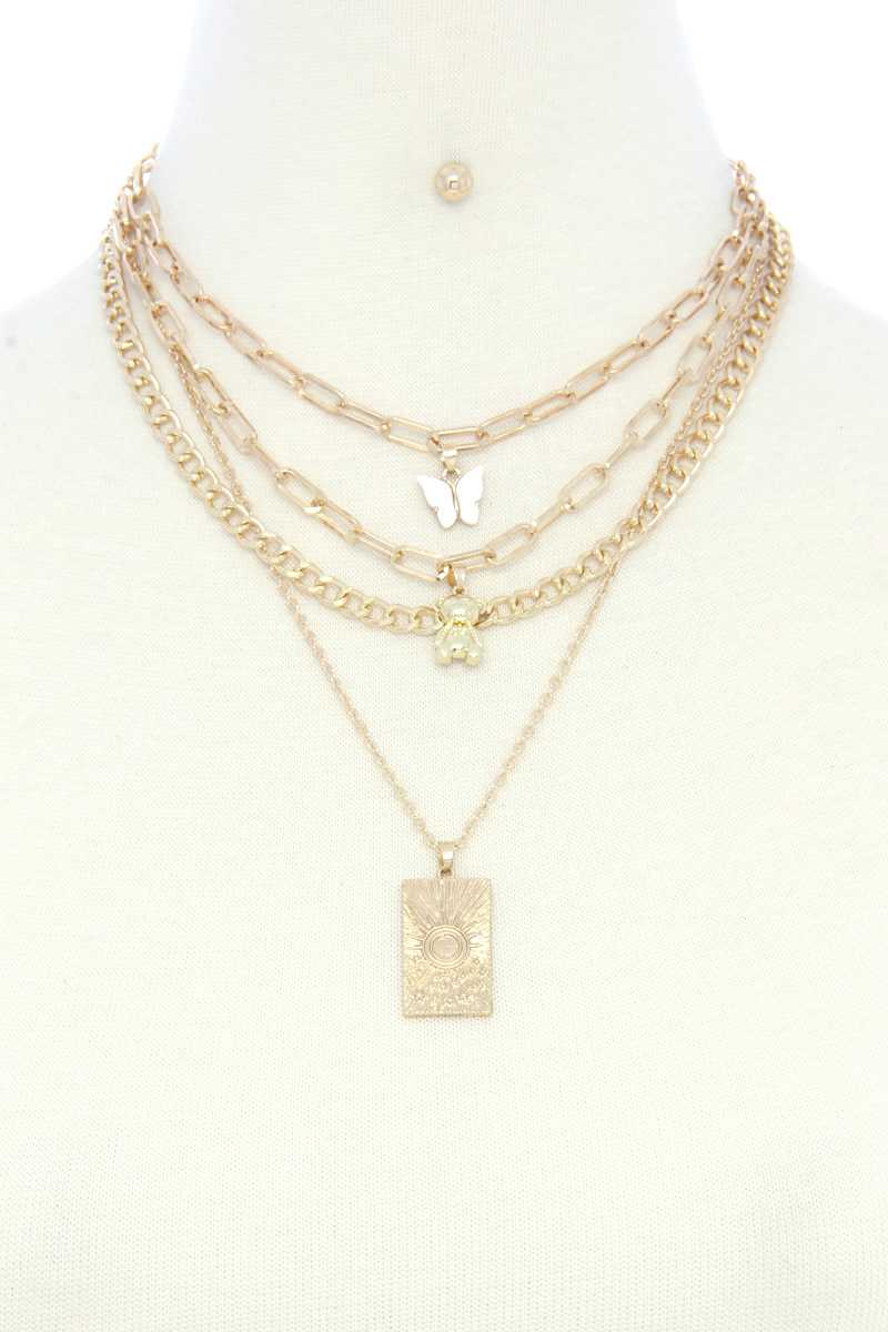 Dainty Butterfly Bear Charm Oval Link Layered Necklace - Absolute Fashion 2020