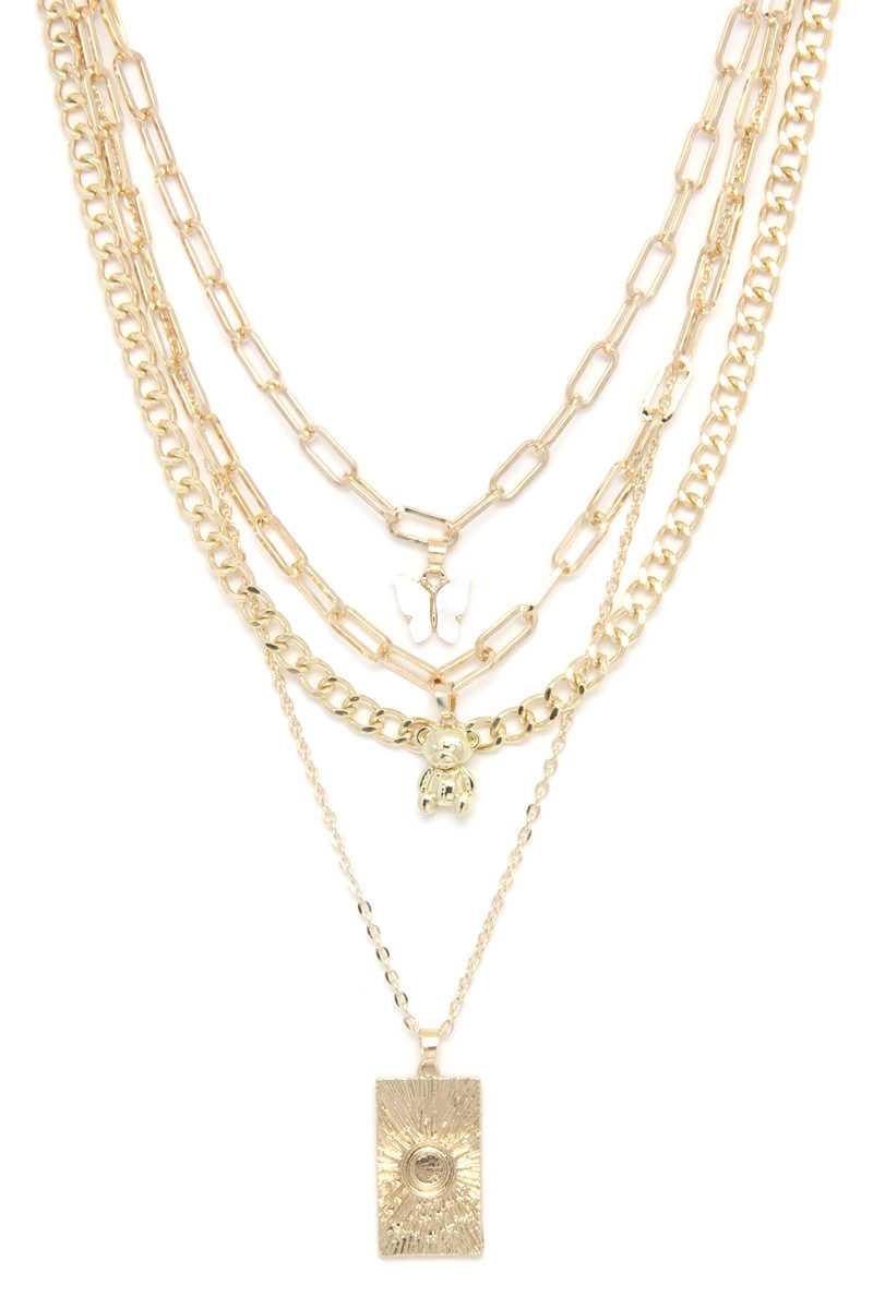 Dainty Butterfly Bear Charm Oval Link Layered Necklace - Absolute Fashion 2020