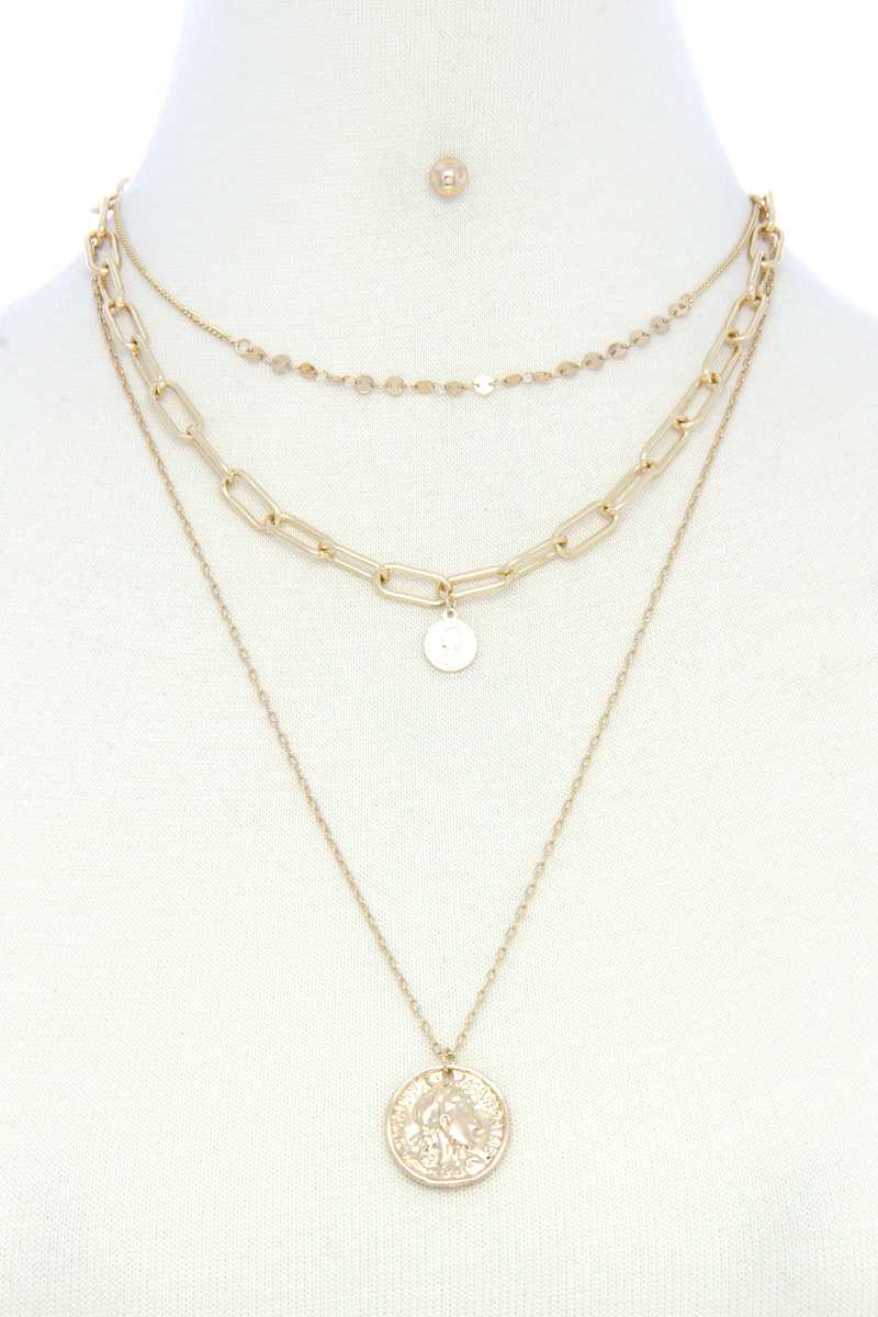 Coin Pendant Oval Link Layered Necklace - Absolute Fashion 2020