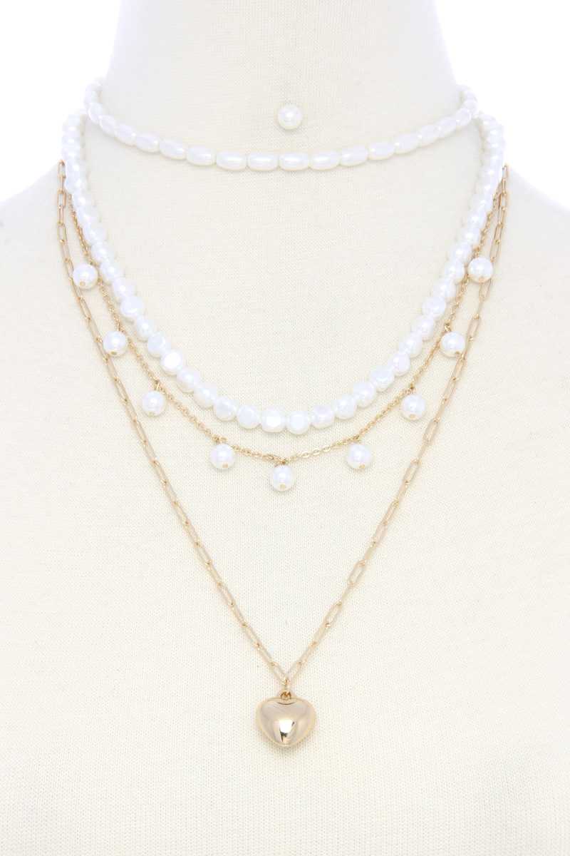 Puffy Heart Charm Pearl Bead Layered Necklace - Absolute Fashion 2020