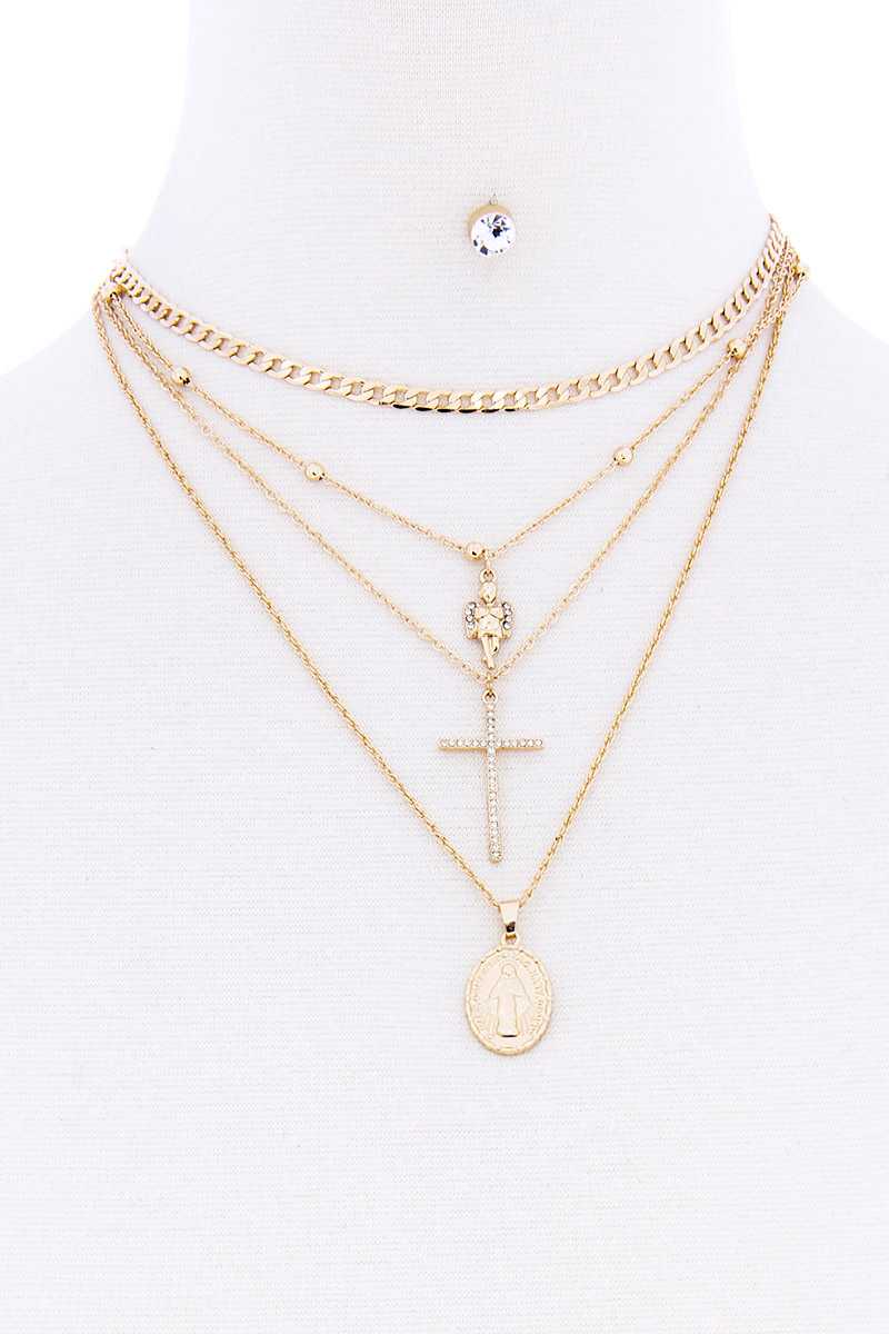 Fashion Multi Layer Chain Bead Angel Cross Holy Necklace With Earring Set - Absolute Fashion 2020