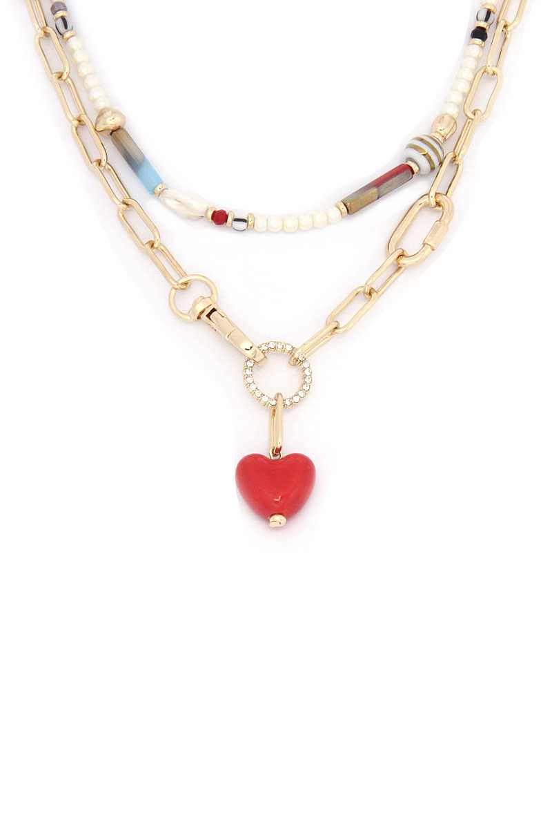 Heart Shape Oval Link Beaded Layer Necklace - Absolute Fashion 2020