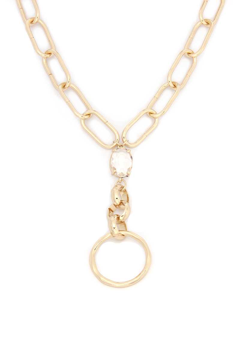 Circle Pendant Oval Link Y Shape Metal Necklace - Absolute Fashion 2020