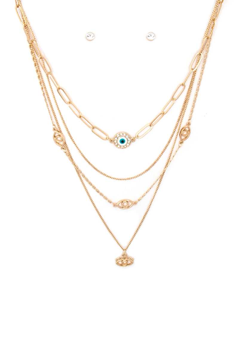 4 Layered Metal Chain Evil Eye Pendant Necklace Earring Set - Absolute Fashion 2020