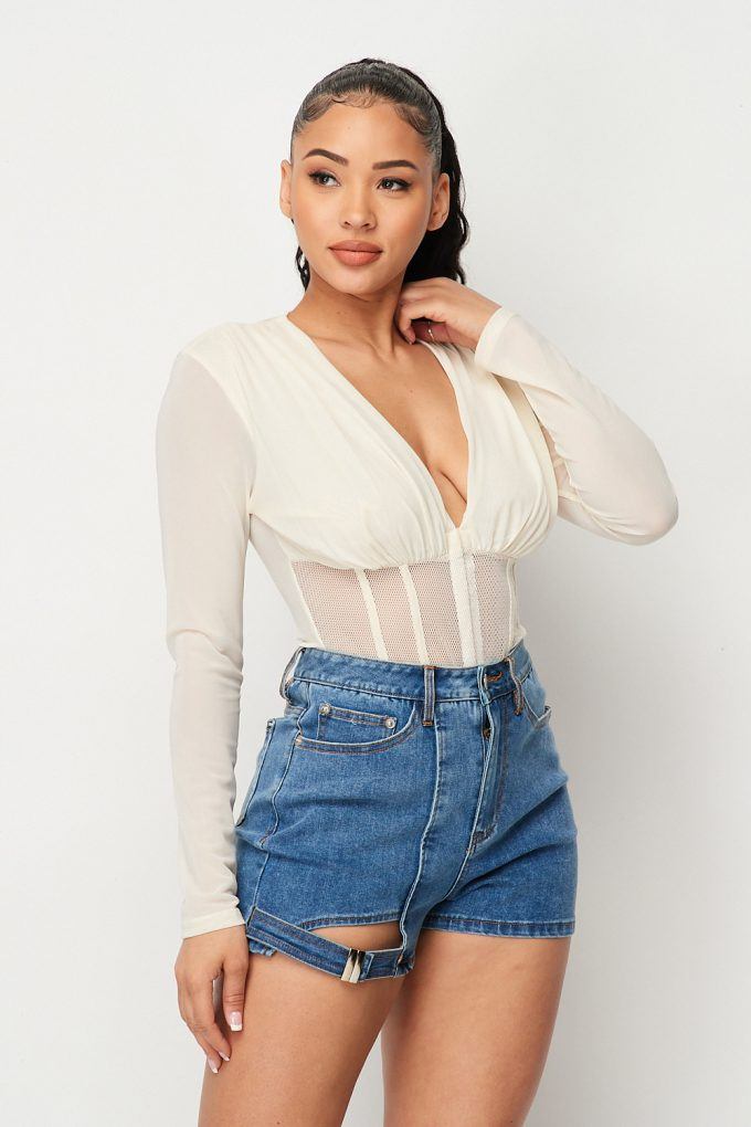 Fishnet Sheer Mesh Back Deep V Neck Bodysuit - Absolute Fashion 2020