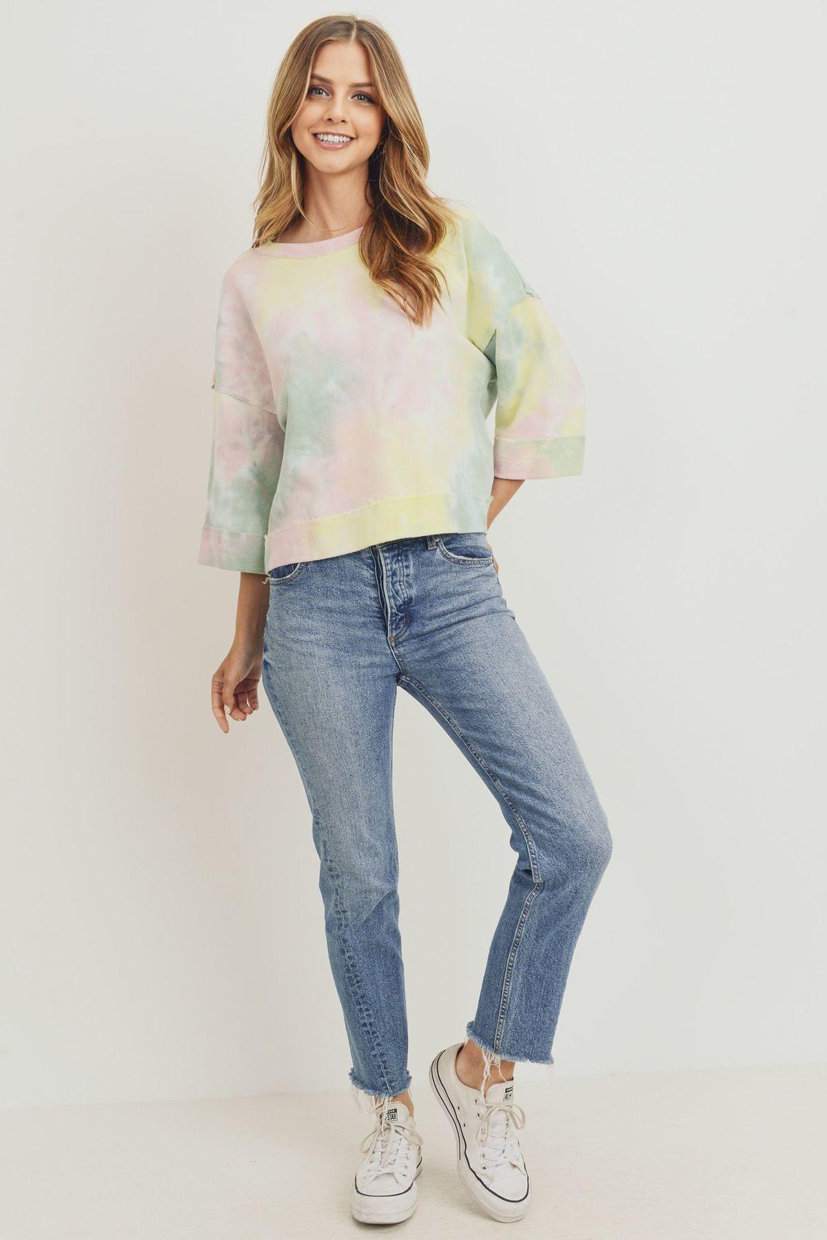 Tie Dyed 3/4 Sleeve Round Neck Top - Absolute Fashion 2020