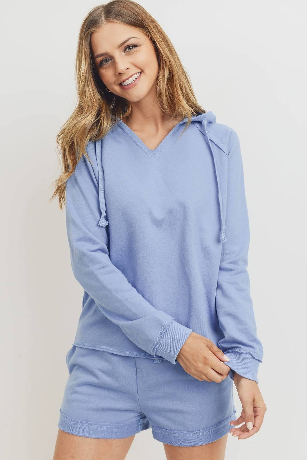 French Terry Hood With V-neck Long Sleeve Top - Absolute Fashion 2020