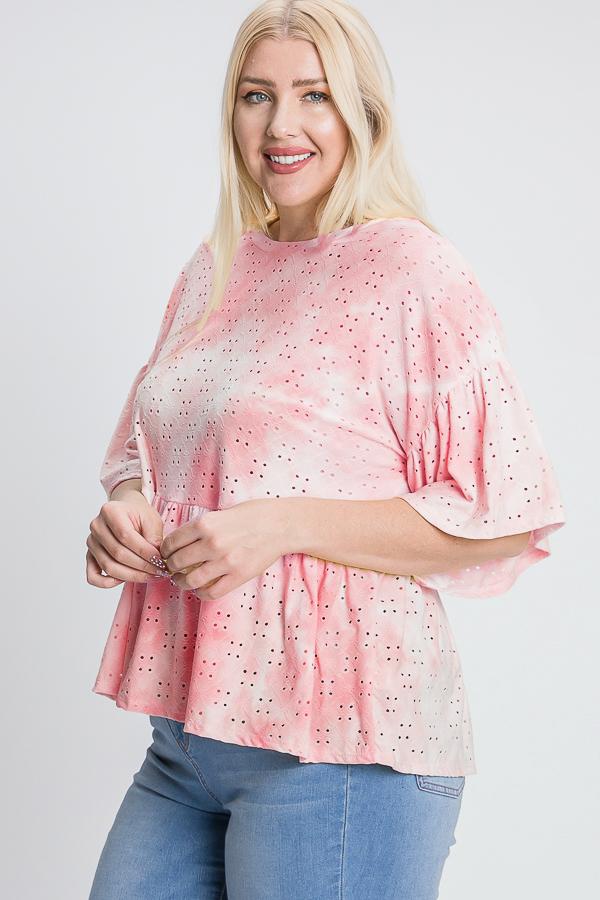 Tie Dye Ruffled Sleeves And Bottom Eyelet Blouse - Absolute Fashion 2020