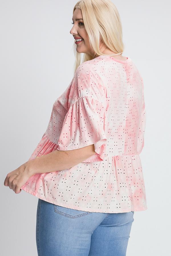 Tie Dye Ruffled Sleeves And Bottom Eyelet Blouse - Absolute Fashion 2020