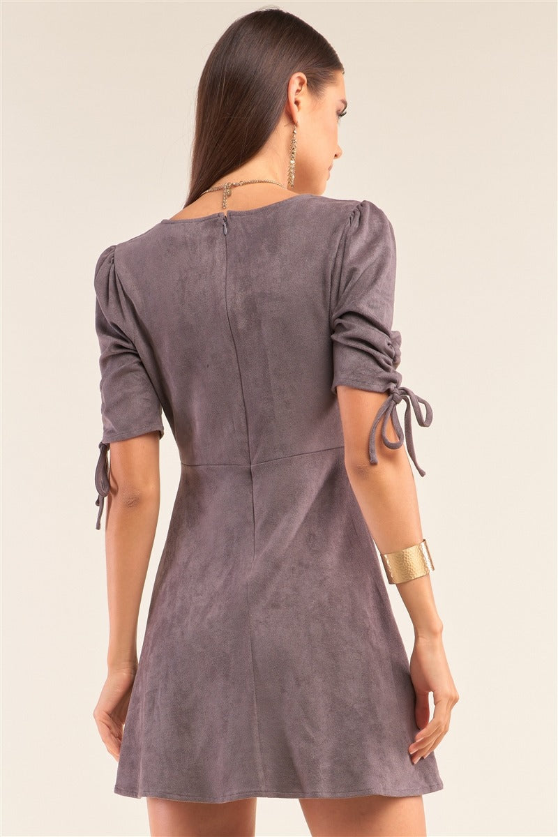 Charcoal Grey Suede Deep Plunge V-neck Gathered Detail Tight Fit Mini Dress - Absolute Fashion 2020