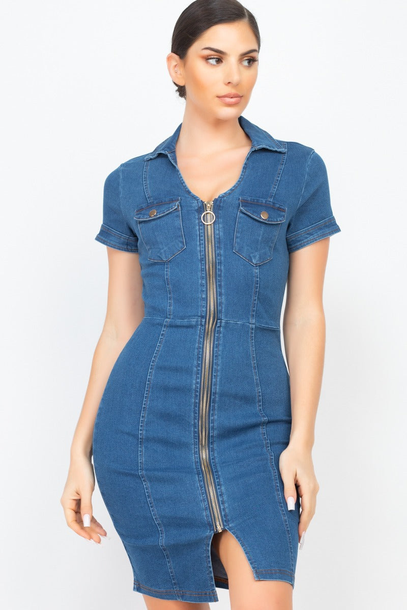 Zip Front Denim Mini Dress - Absolute Fashion 2020