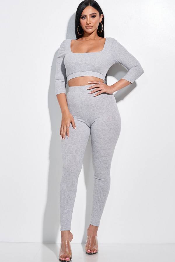 Solid Pointelle Stitch 3/4 Sleeve Scoop Neck Cropped Top And Leggings Two - Absolute Fashion 2020
