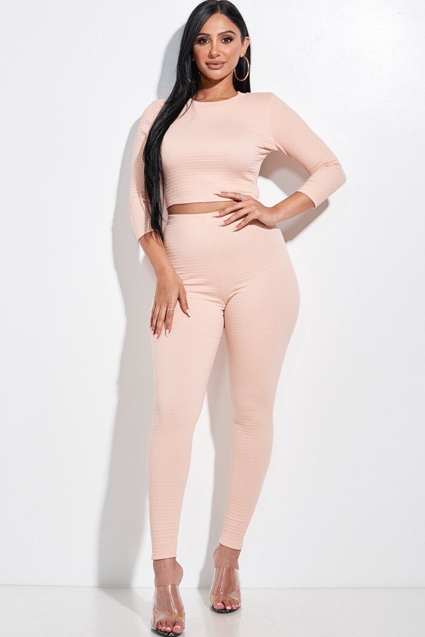Solid Smocked 3/4 Sleeve Top And Leggings Two Piece Set - Absolute Fashion 2020