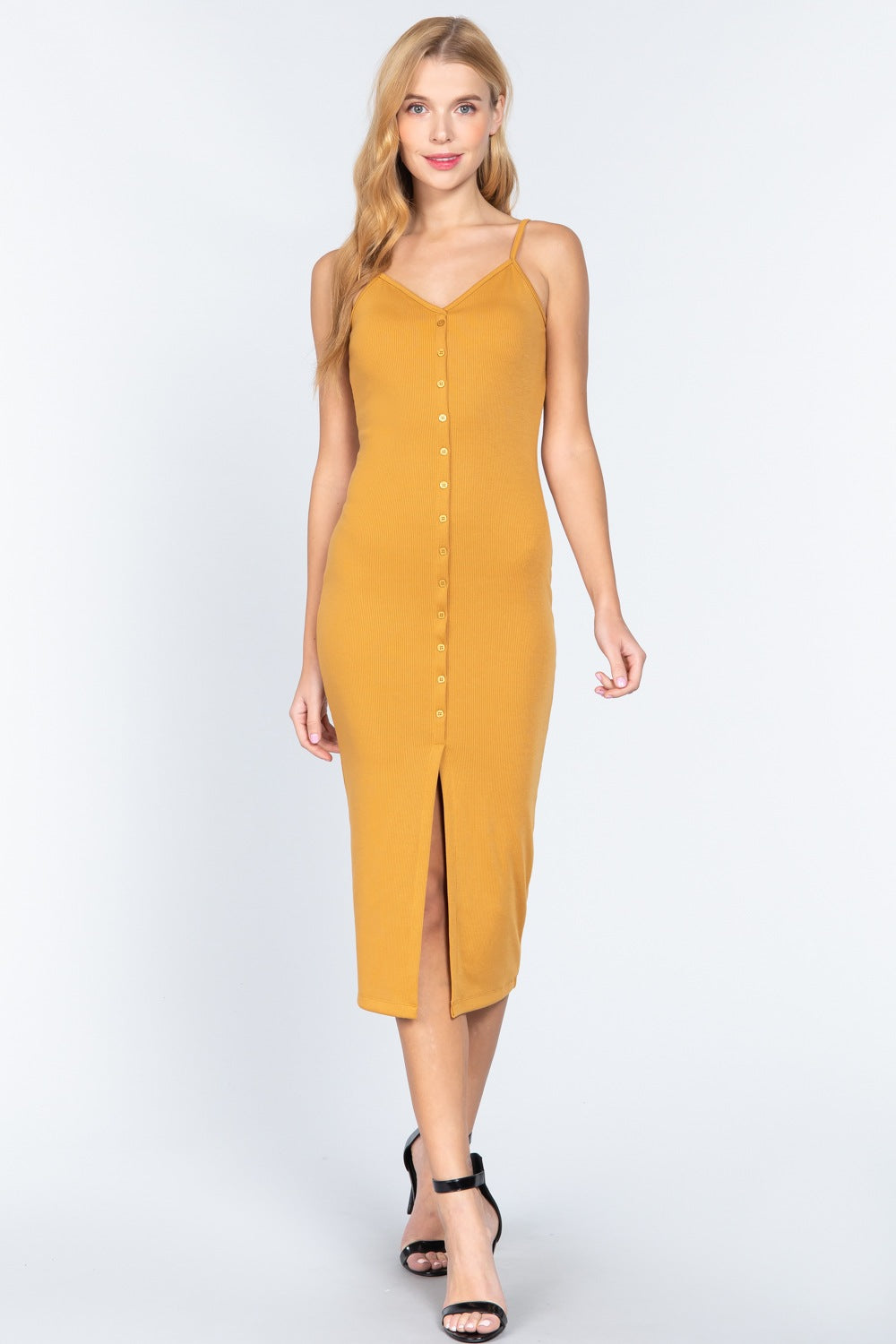 Fron Button Slit Rib Cami Midi Dress - Absolute Fashion 2020