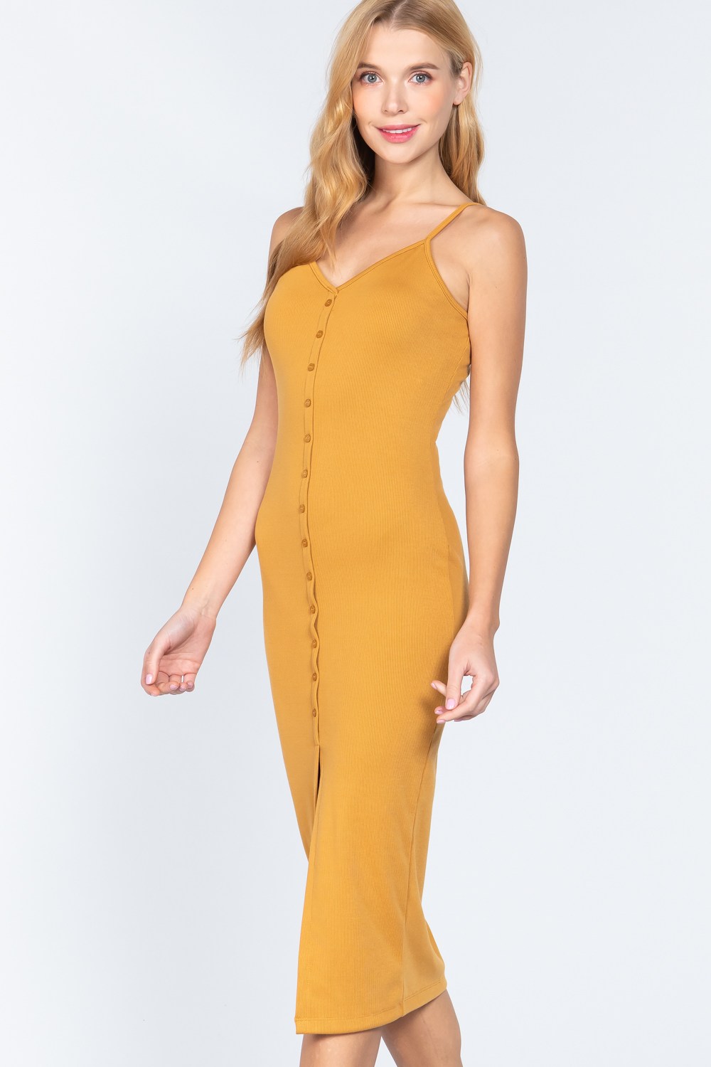 Fron Button Slit Rib Cami Midi Dress - Absolute Fashion 2020