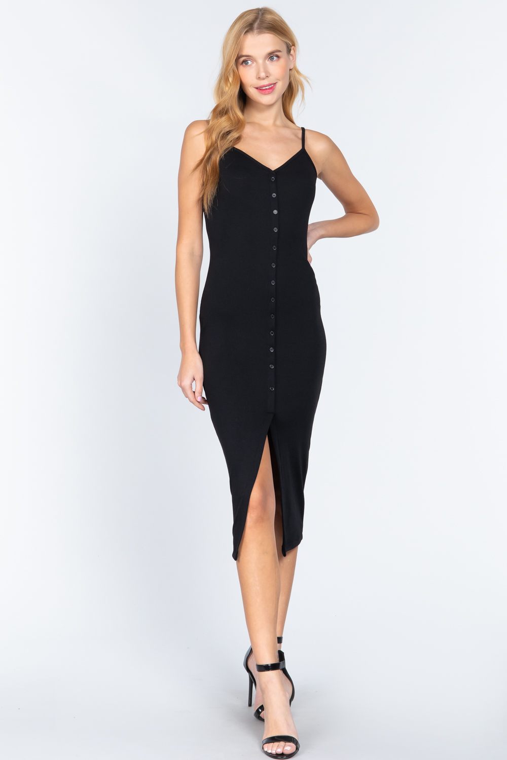 Fron Button Slit Rib Cami Midi Dress - Absolute Fashion 2020