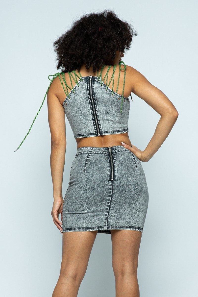 Stretchable Denim Cropped Top/stretchable Denim High-waist Skirt Set - Absolute Fashion 2020