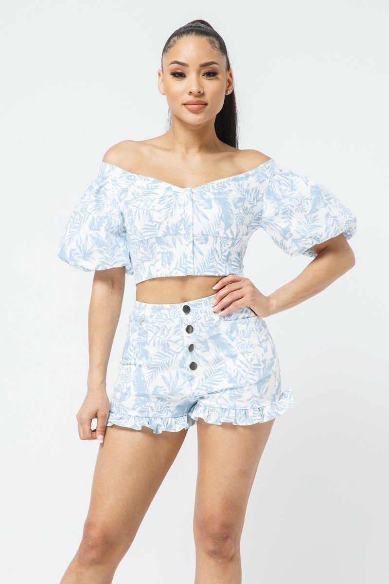 Cotton Off-shoulder Puff Sleeve Crop Top With Front Zipped Matching Shorts Set - Absolute Fashion 2020