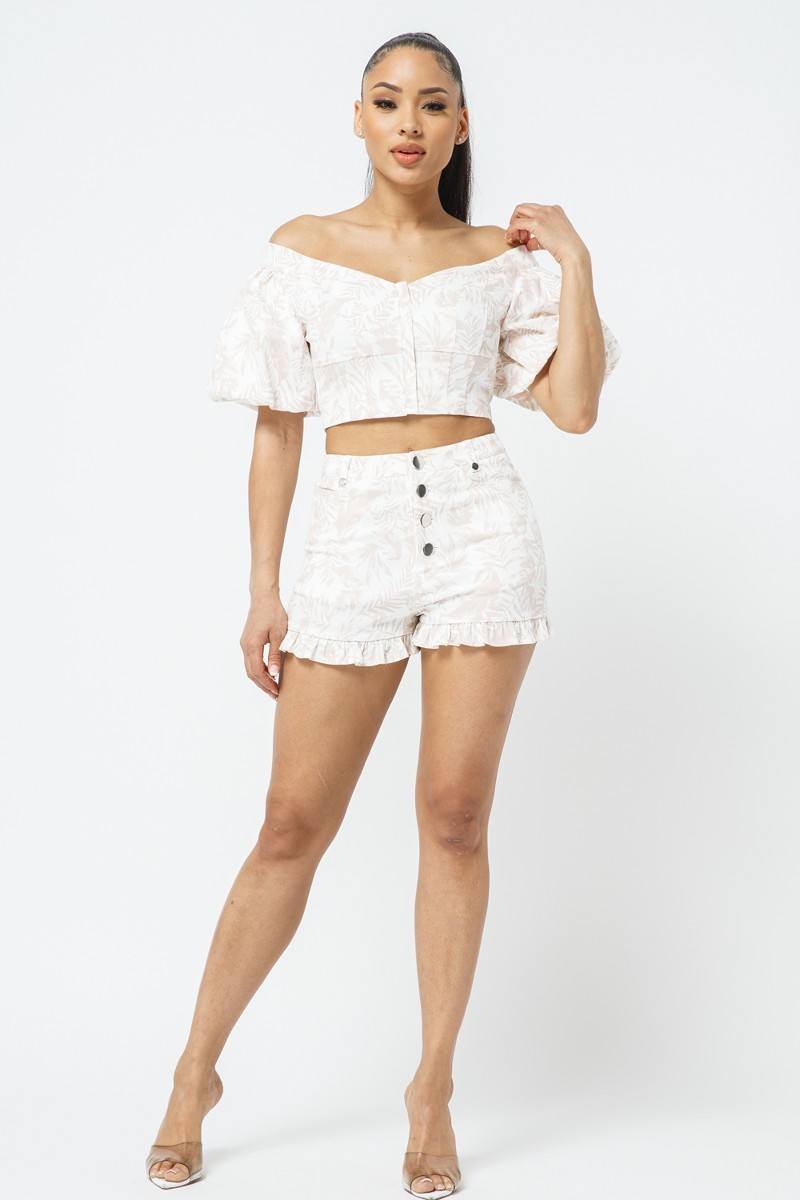 Cotton Off-shoulder Puff Sleeve Crop Top With Front Zipped Matching Shorts Set - Absolute Fashion 2020