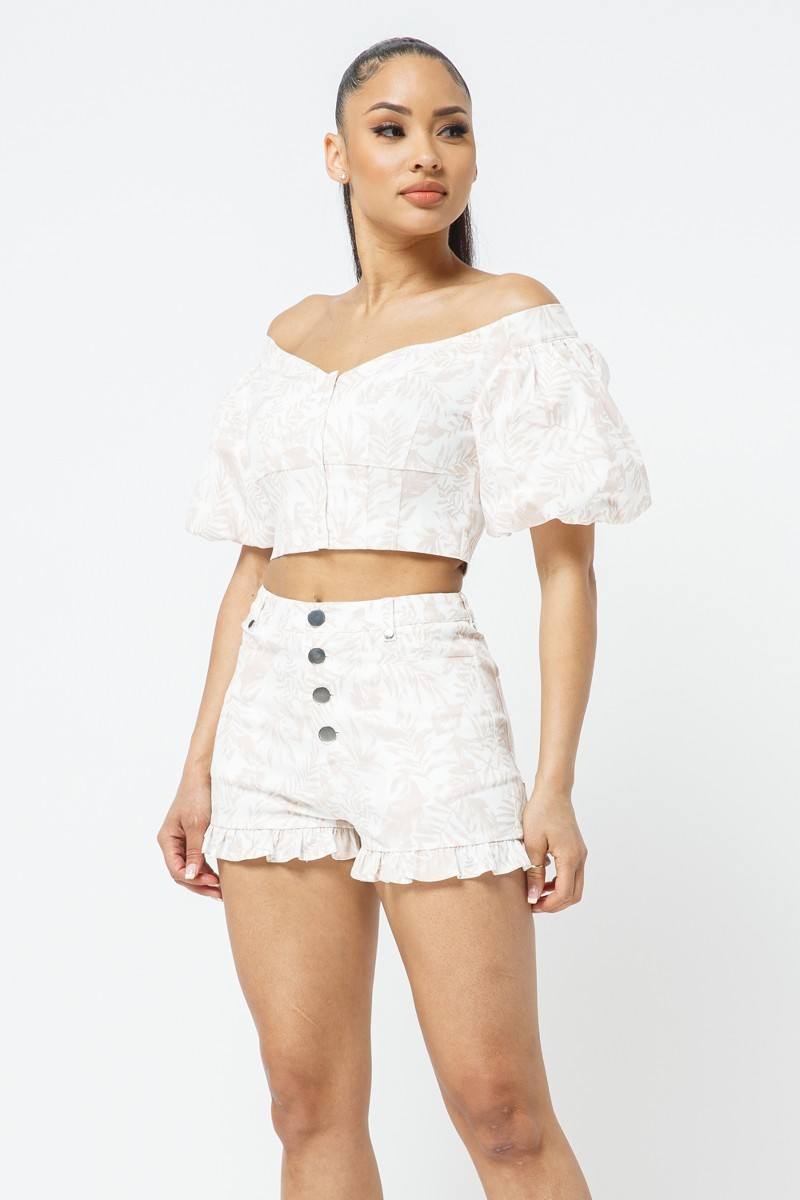 Cotton Off-shoulder Puff Sleeve Crop Top With Front Zipped Matching Shorts Set - Absolute Fashion 2020