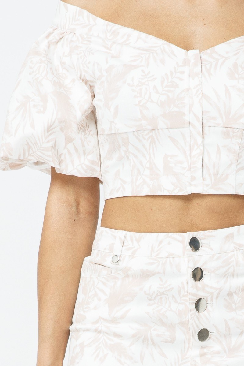 Cotton Off-shoulder Puff Sleeve Crop Top With Front Zipped Matching Shorts Set - Absolute Fashion 2020