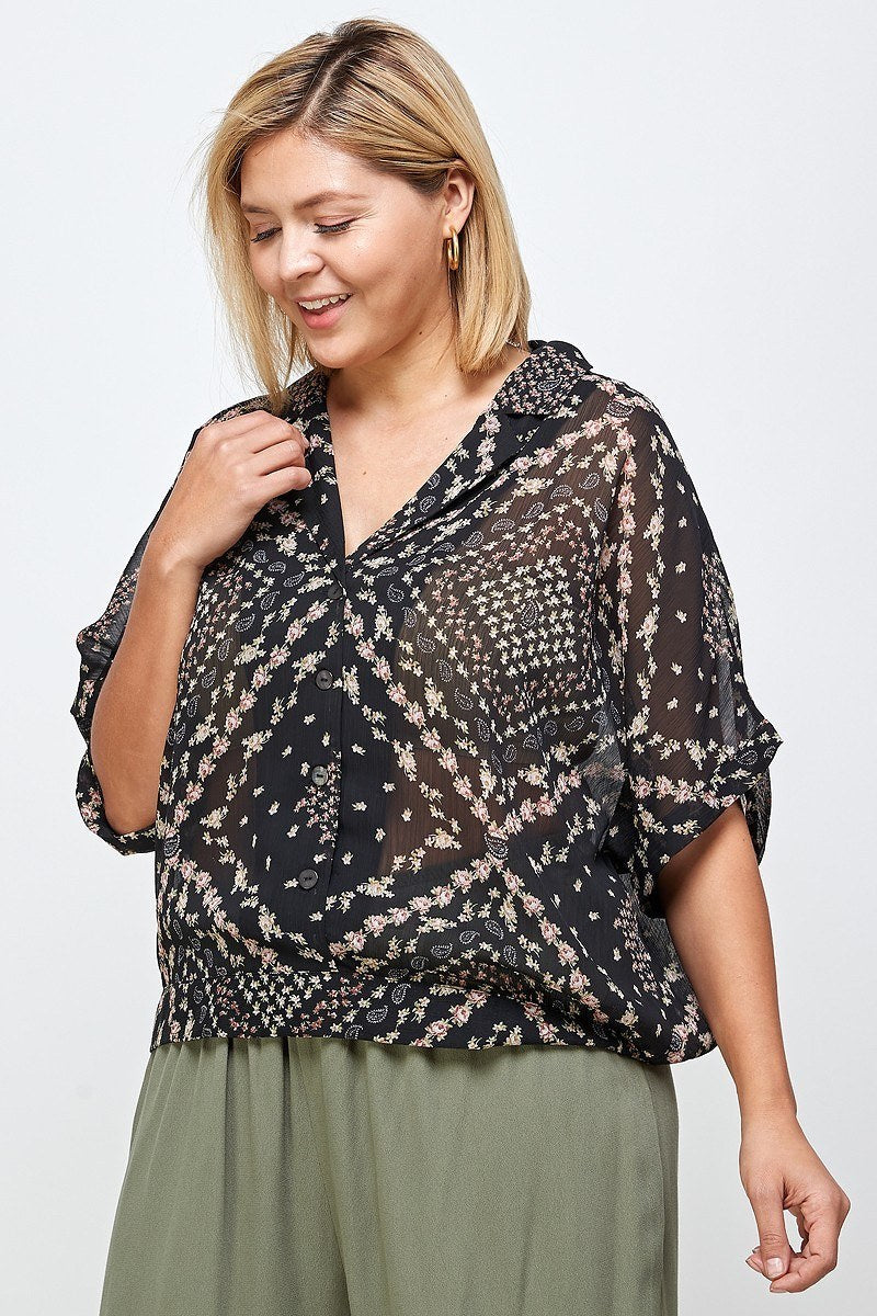 Floral Scarf Printed Button-up Blouse - Absolute Fashion 2020